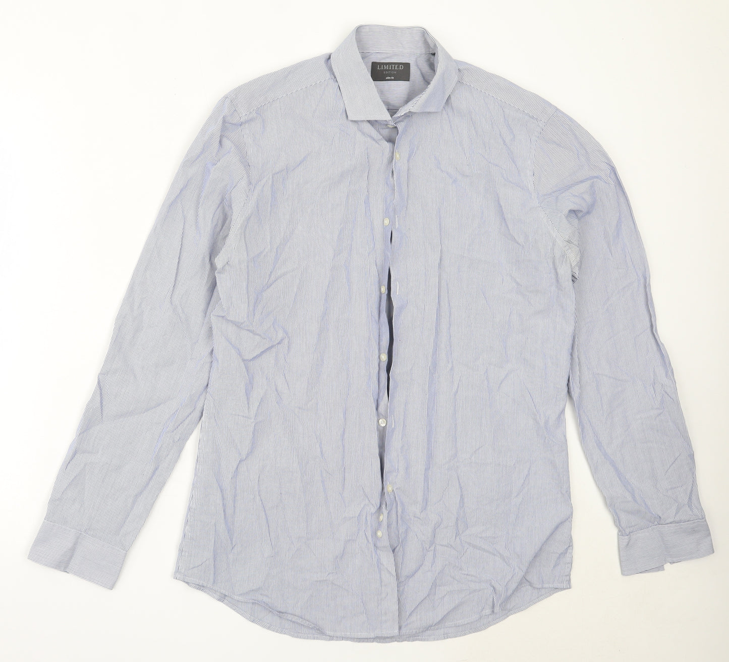 Marks and Spencer Mens Blue Striped Cotton  Button-Up Size 16 Collared