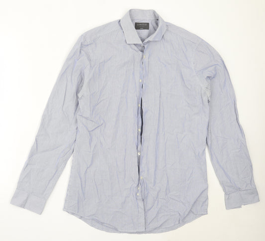 Front view of Marks & Spencer men’s blue striped cotton button-up, size 16, collared