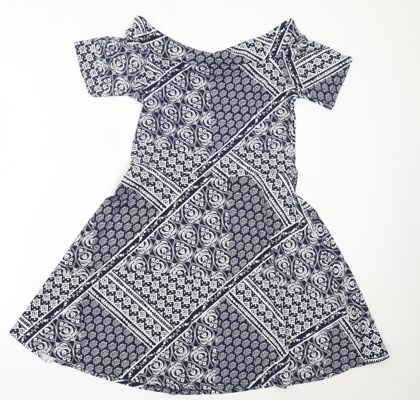 Senqu Womens Blue Geometric Polyester Fit & Flare  Size XL  Off the Shoulder