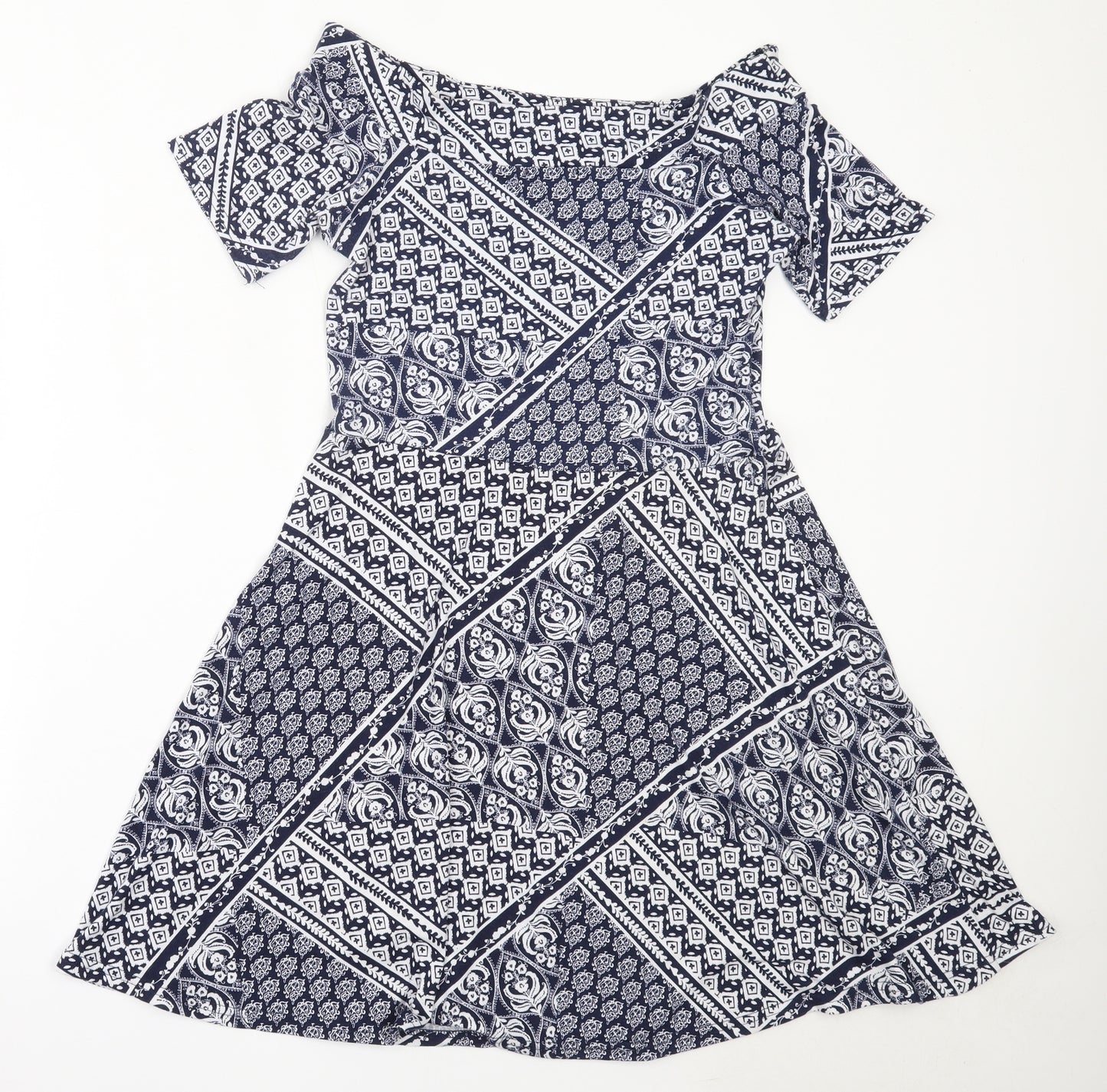 Senqu Womens Blue Geometric Polyester Fit & Flare  Size XL  Off the Shoulder