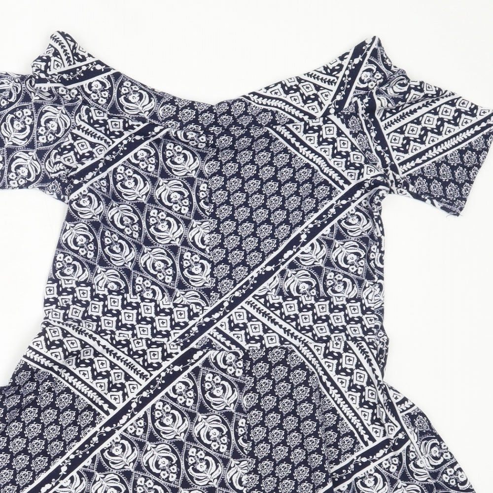 Senqu Womens Blue Geometric Polyester Fit & Flare  Size XL  Off the Shoulder