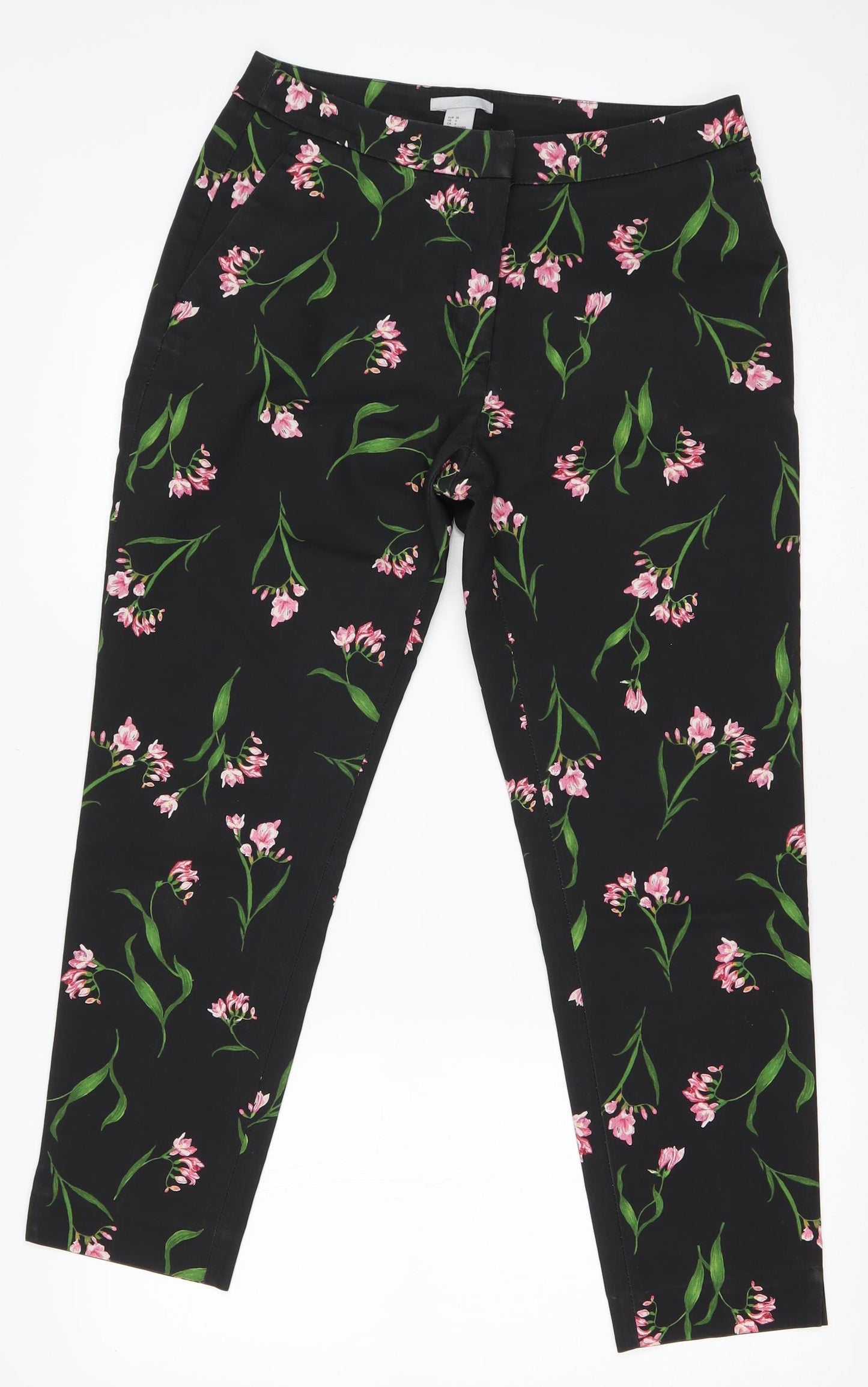 H&M Womens Black Floral Polyester Carrot Trousers Size 8 L26 in Regular Zip