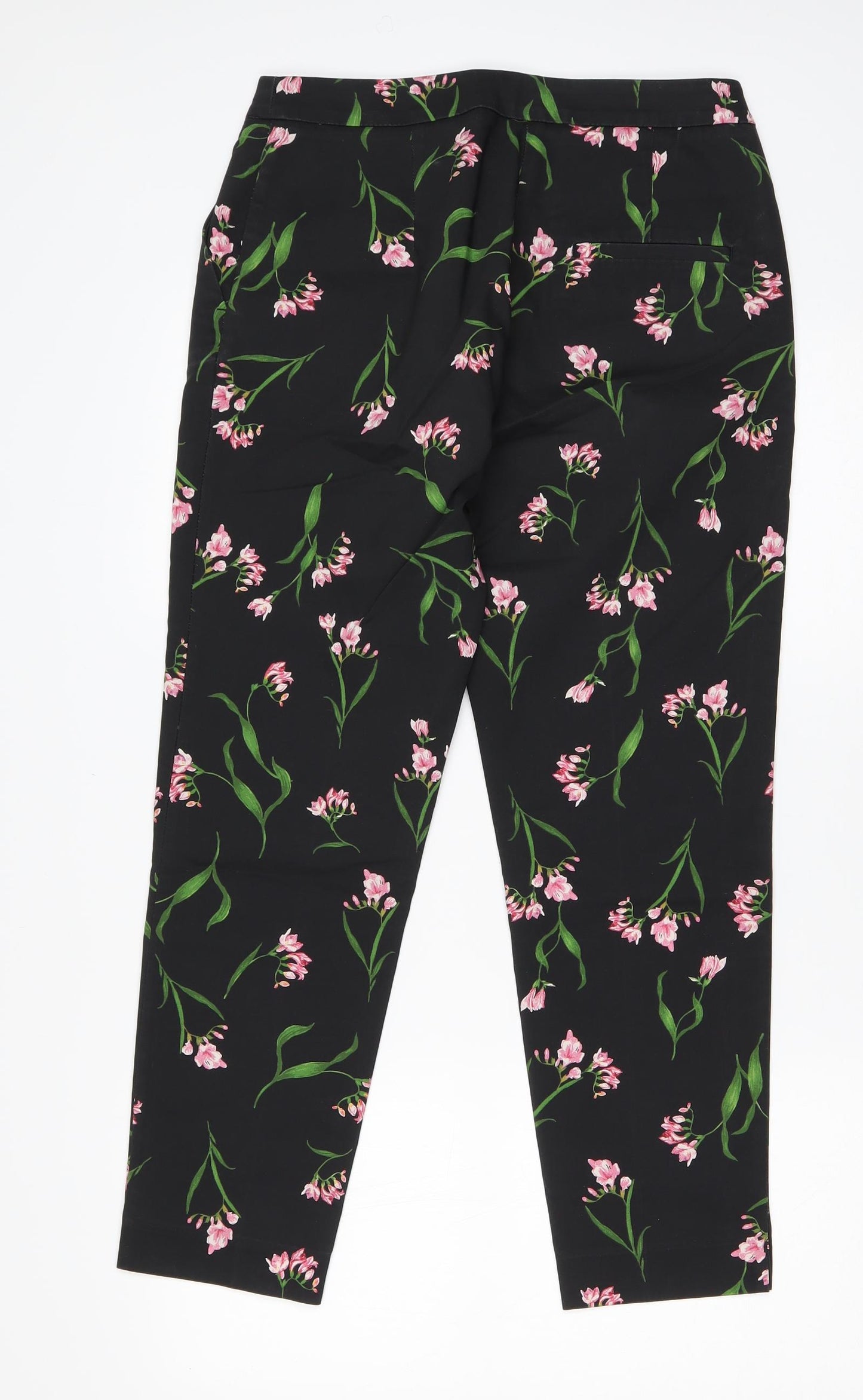 H&M Womens Black Floral Polyester Carrot Trousers Size 8 L26 in Regular Zip
