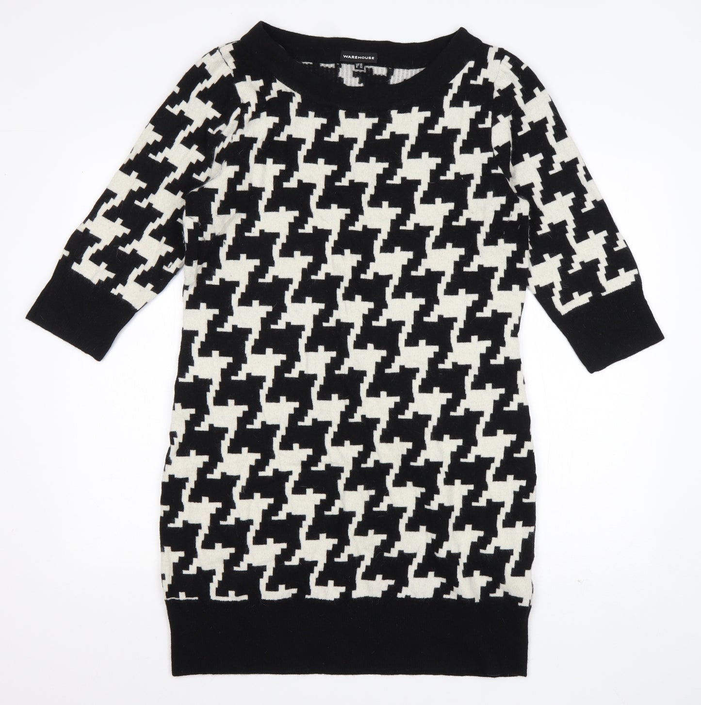 Warehouse Womens Black Geometric Wool Jumper Dress  Size 16  Boat Neck Pullover