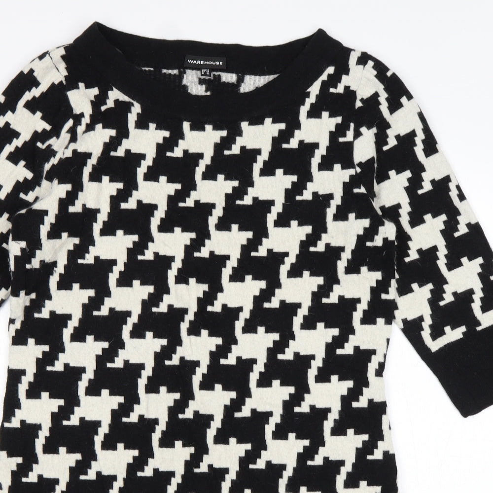 Warehouse Womens Black Geometric Wool Jumper Dress  Size 16  Boat Neck Pullover