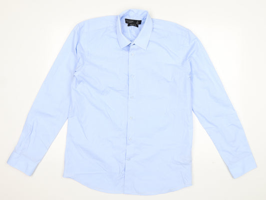 Front view of Primark men’s blue polyester button-up, size 15.5 collared button