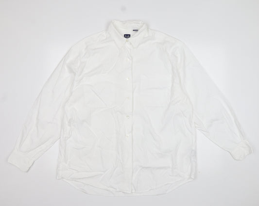 Front view of Gap women’s white cotton basic button-up, size L, collared