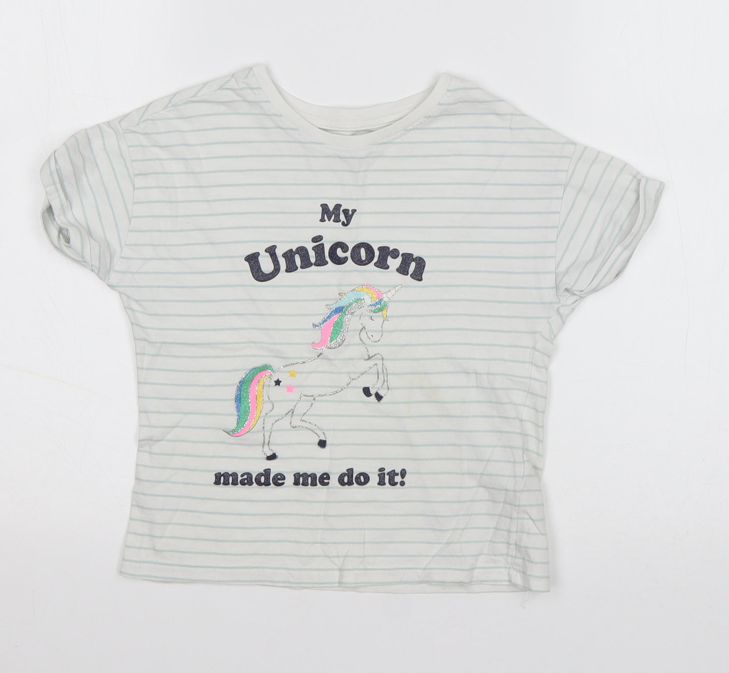 Marks and Spencer Girls White Striped Cotton Basic T-Shirt Size 6-7 Years Round Neck Pullover - My Unicorn made me Do it!