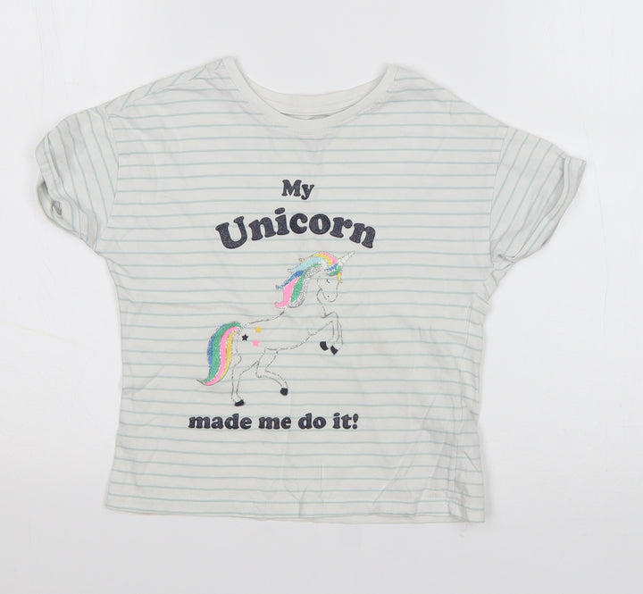 Marks and Spencer Girls White Striped Cotton Basic T-Shirt Size 6-7 Years Round Neck Pullover - My Unicorn made me Do it!