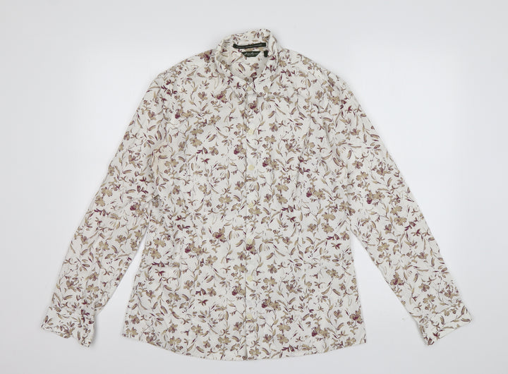 Eddie Bauer Mens Ivory Floral Cotton Button-Up Size M Collared Button