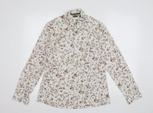 Front view of Eddie Bauer men’s ivory floral cotton button-up, size M, collared button