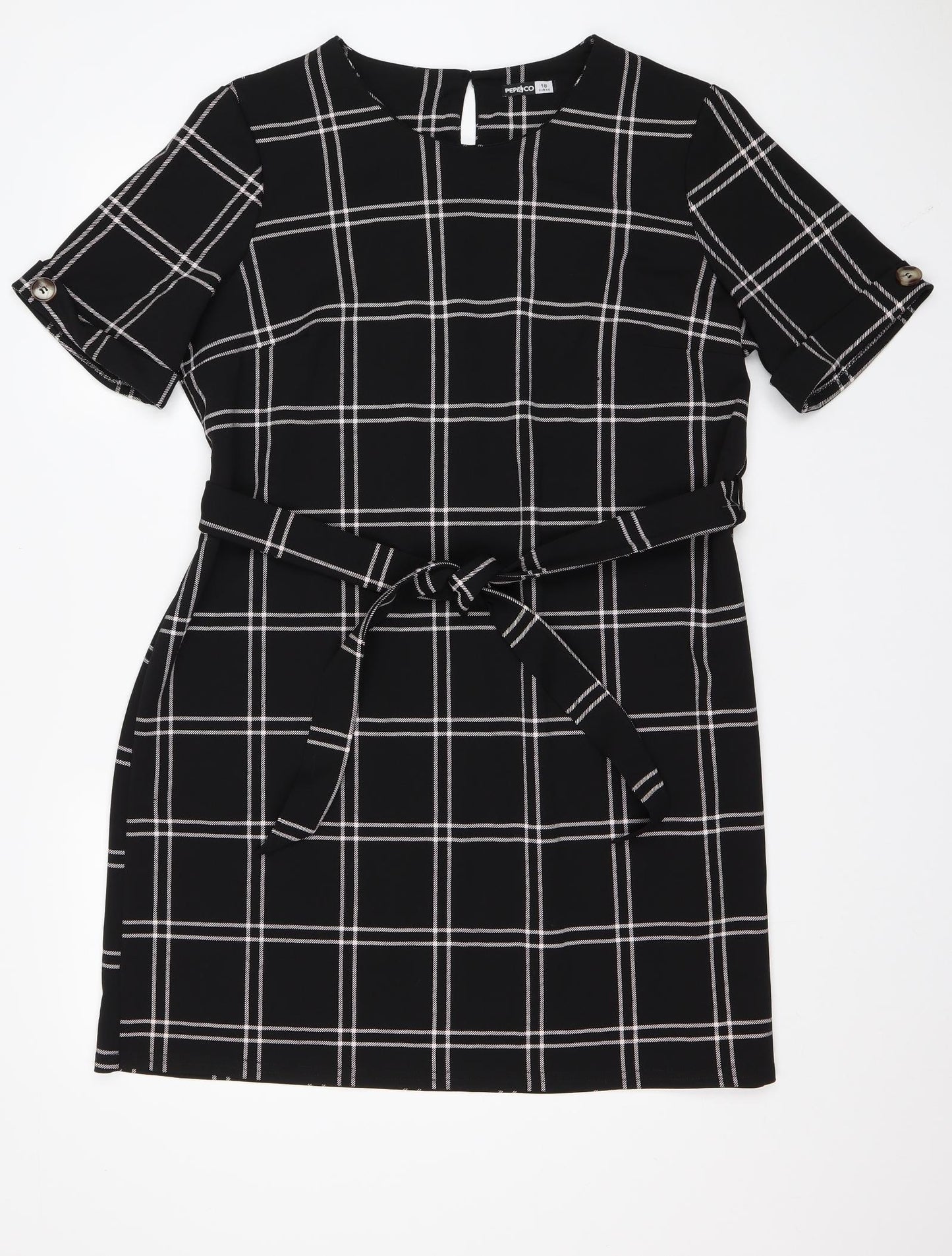 Pep & Co  Womens Black Check Polyester T-Shirt Dress  Size 18  Round Neck Pullover