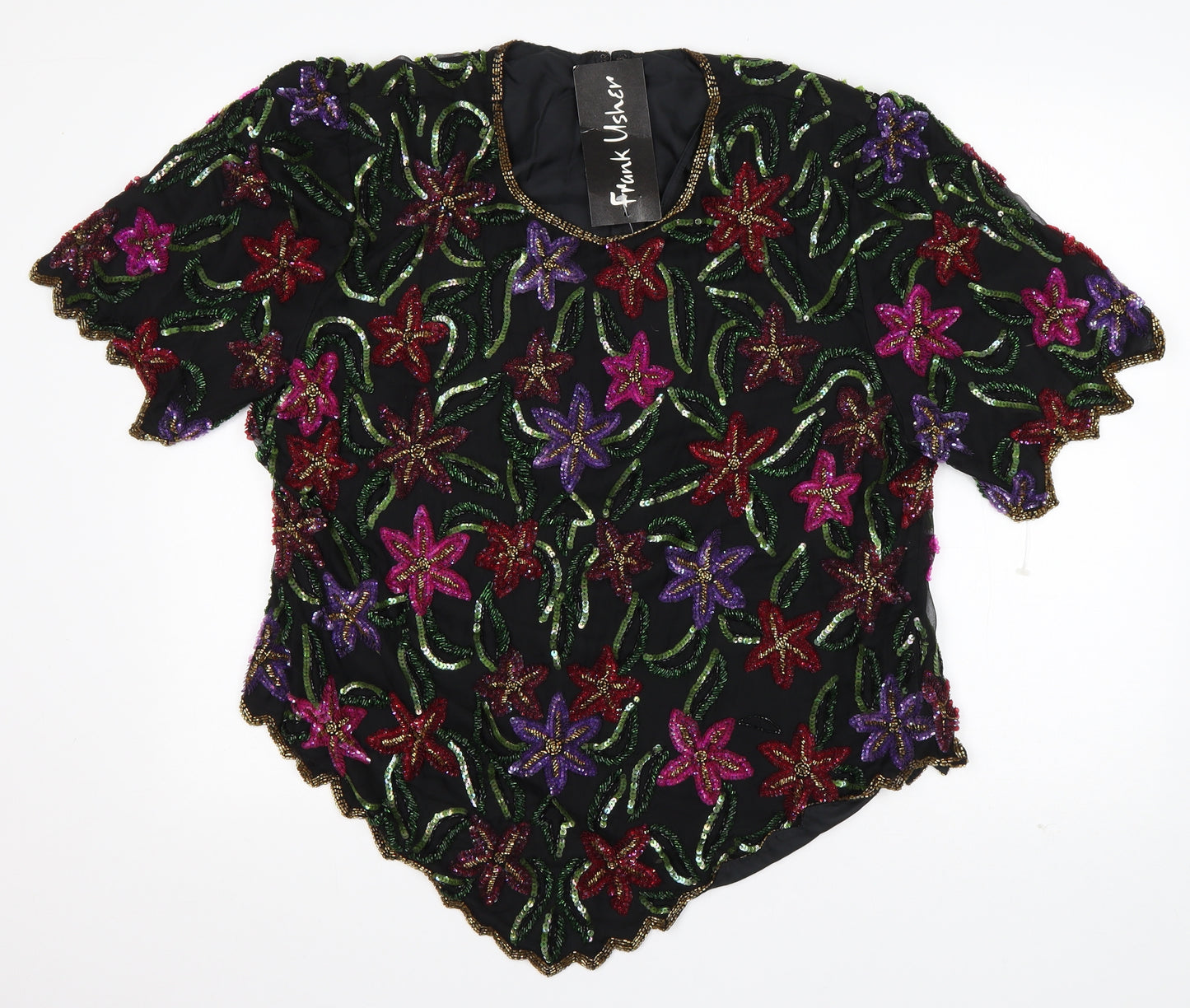 Frank Usher Womens Black Floral Polyester Basic Blouse Size 20 Scoop Neck - Embellished