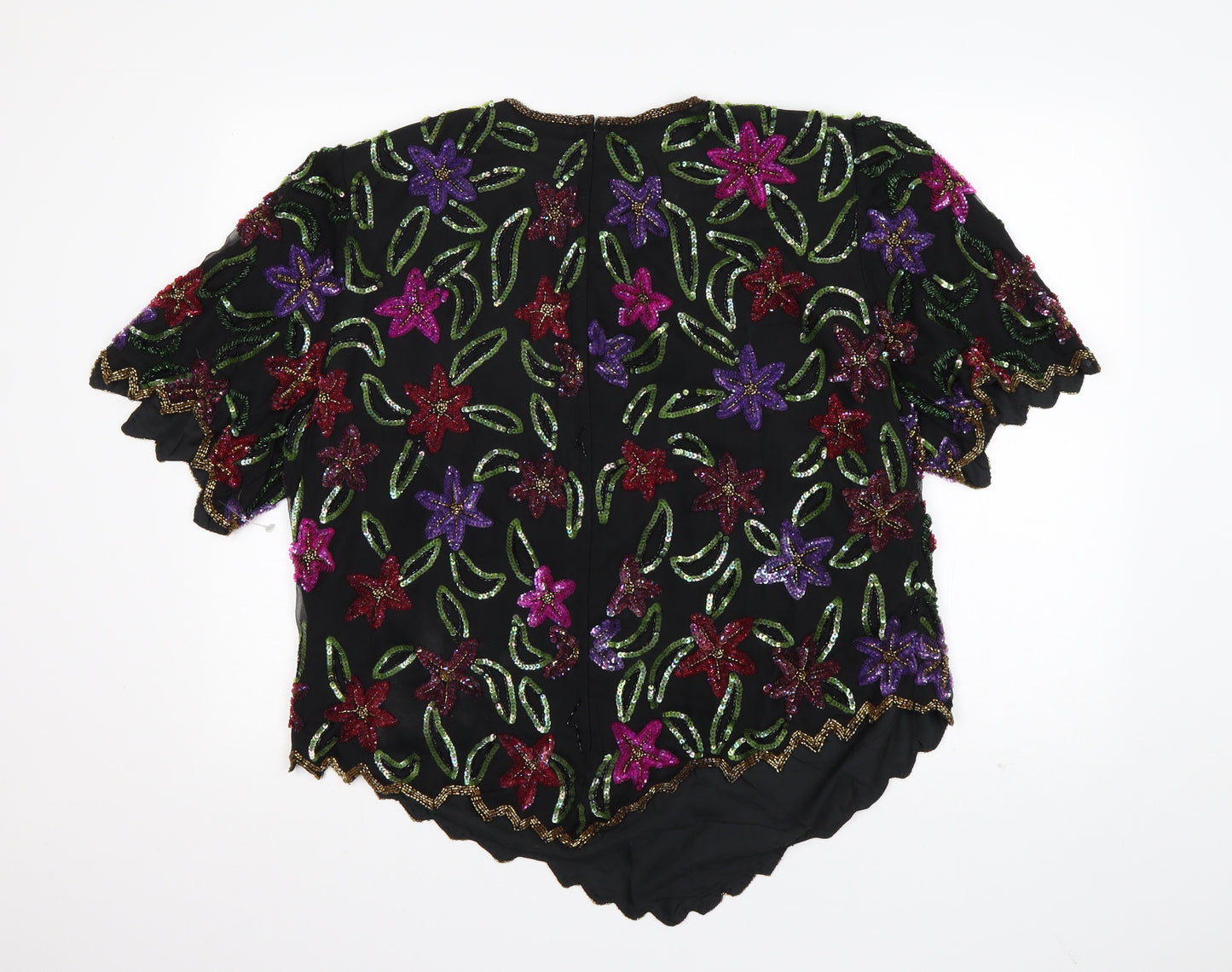Frank Usher Womens Black Floral Polyester Basic Blouse Size 20 Scoop Neck - Embellished
