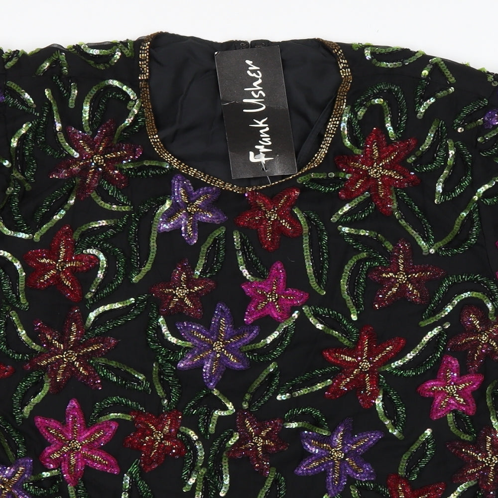 Frank Usher Womens Black Floral Polyester Basic Blouse Size 20 Scoop Neck - Embellished
