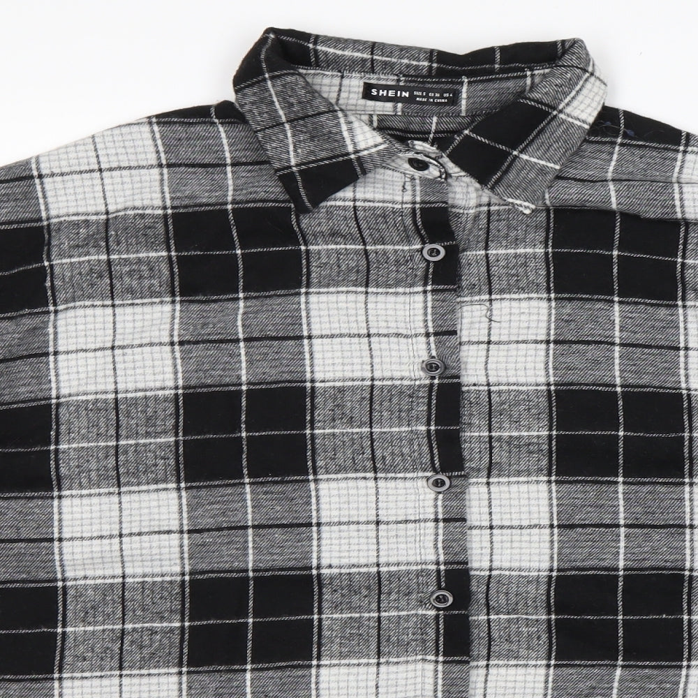 SheIn Womens Black Check Cotton Basic Button-Up Size S Collared
