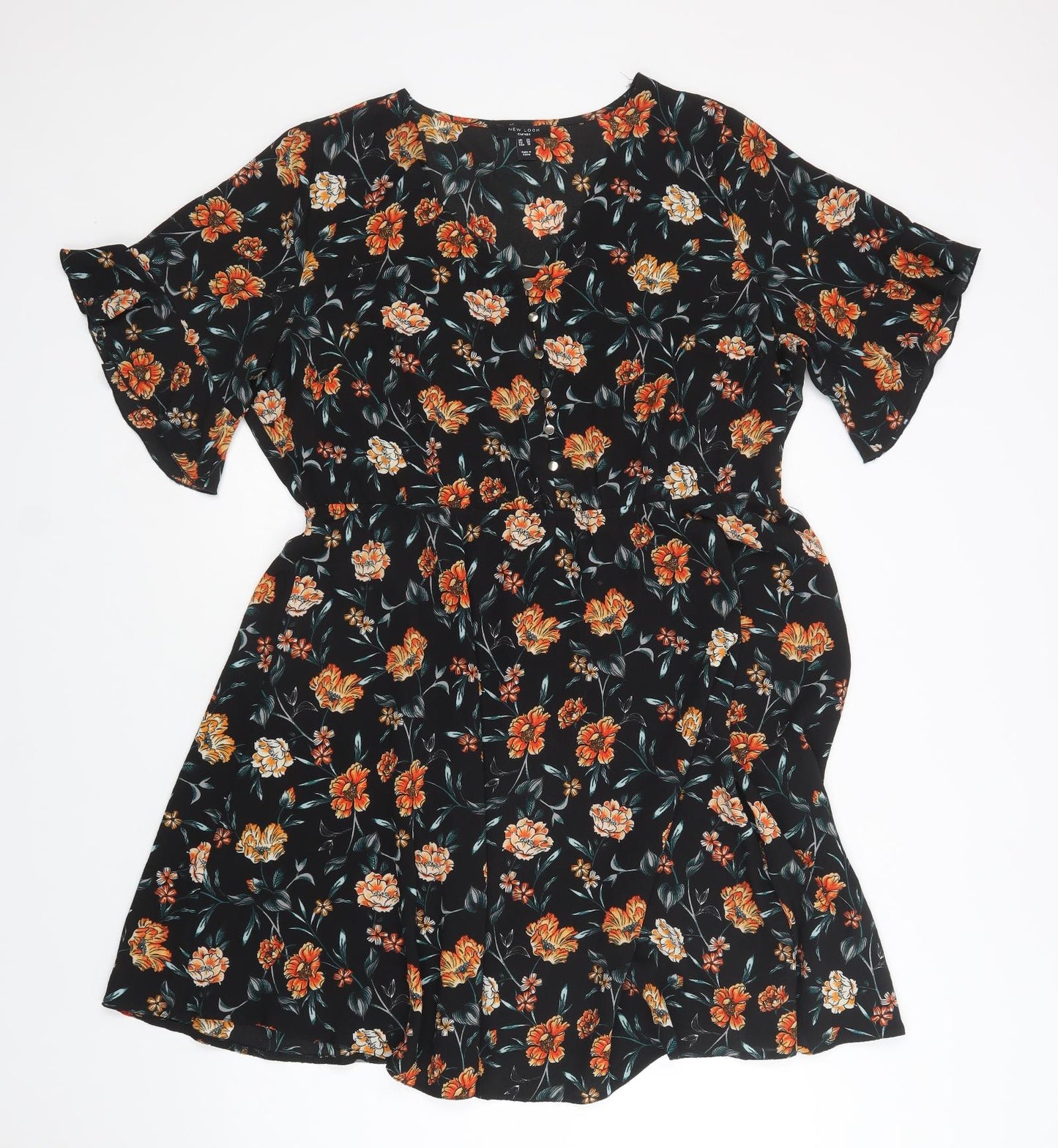 New Look Womens Black Floral Polyester Fit & Flare  Size 22  V-Neck Button