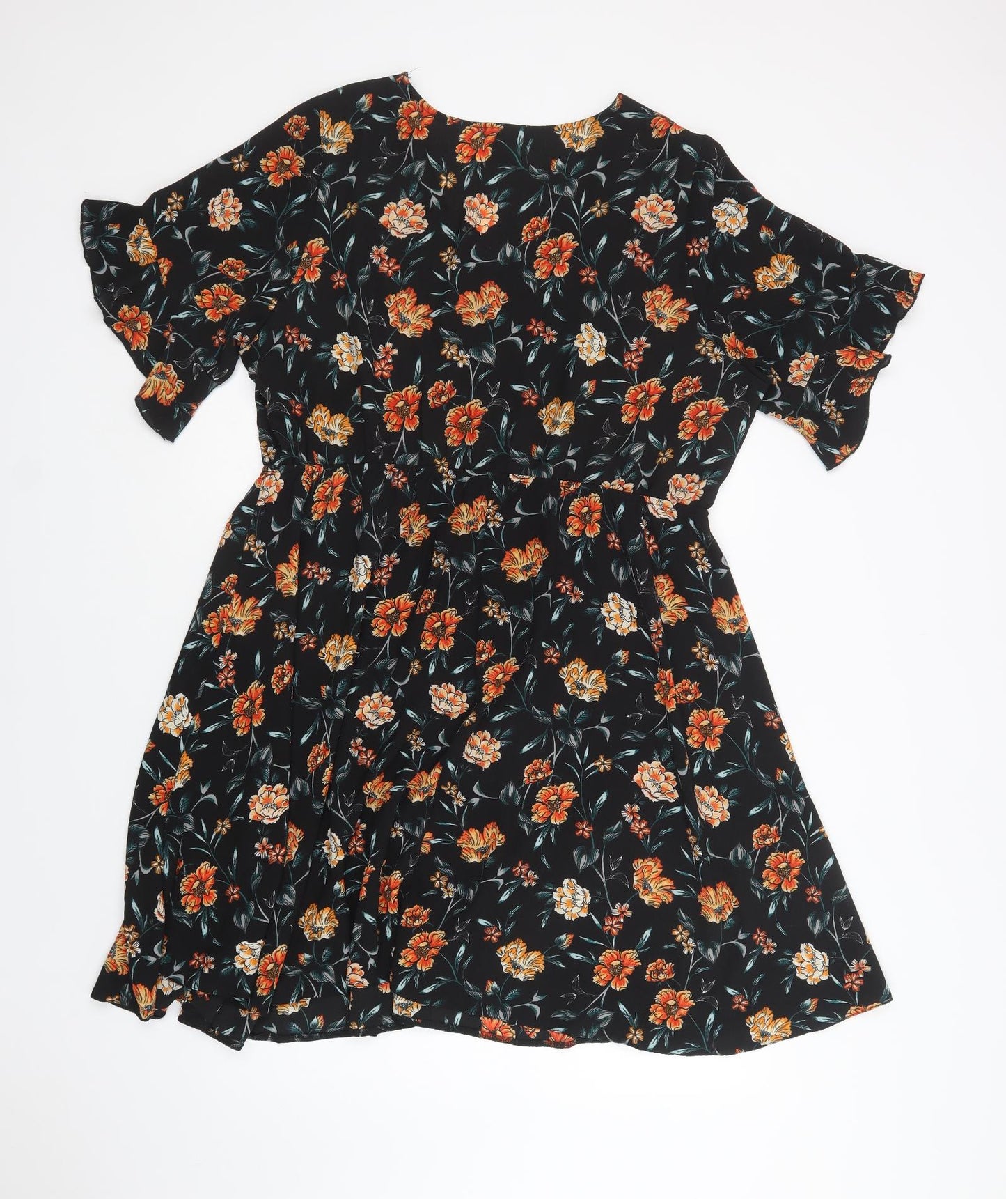 New Look Womens Black Floral Polyester Fit & Flare  Size 22  V-Neck Button