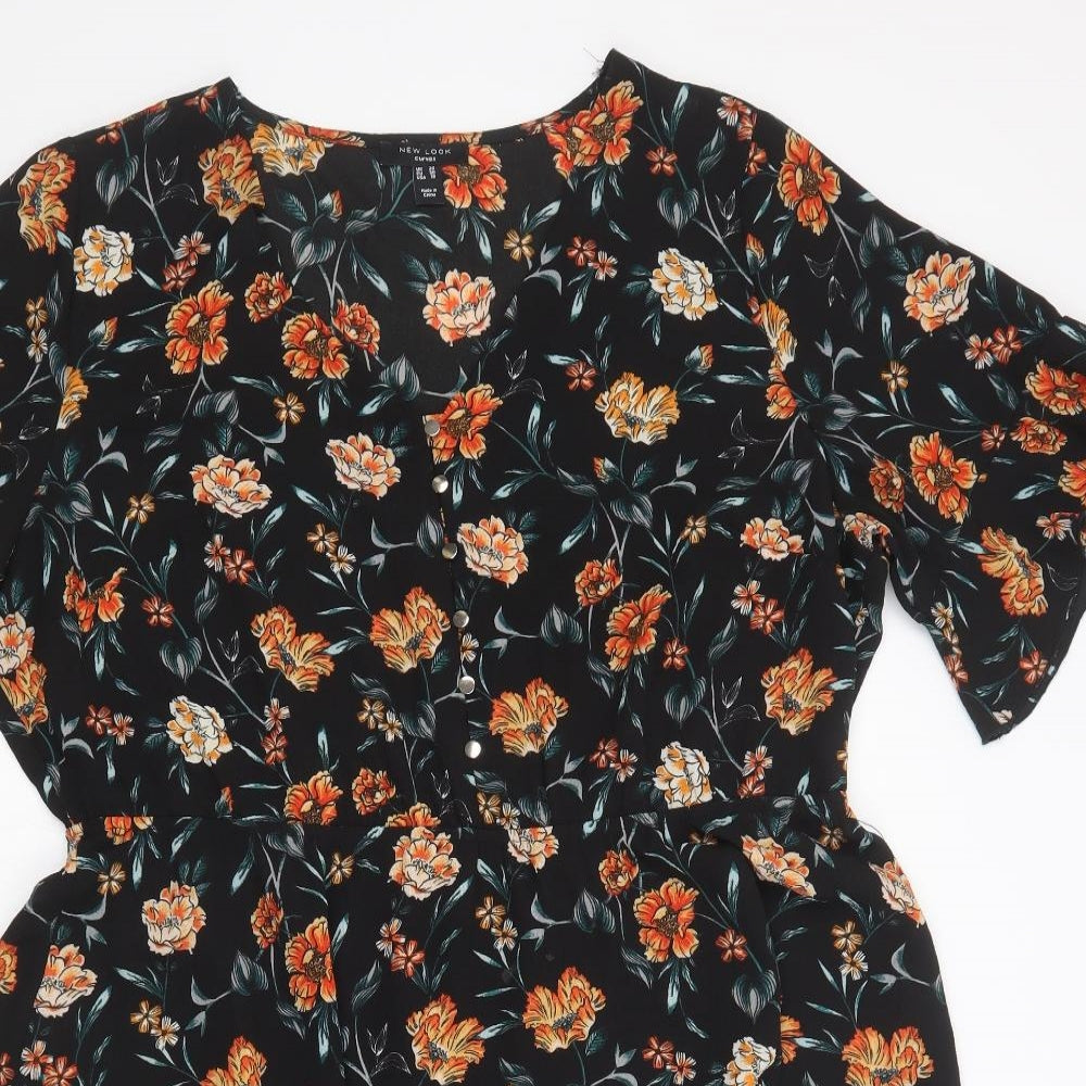 New Look Womens Black Floral Polyester Fit & Flare  Size 22  V-Neck Button