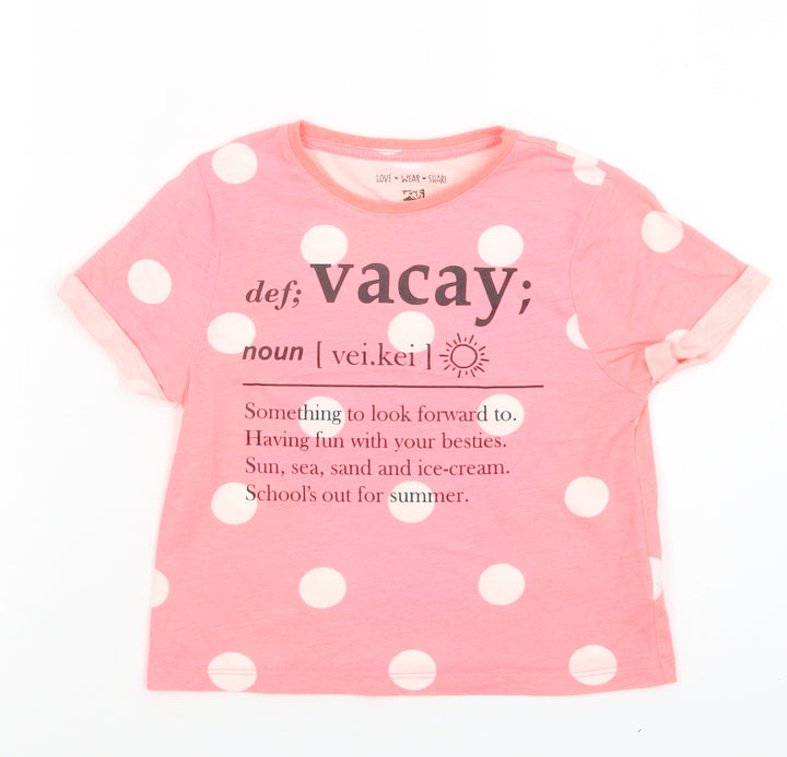 F&F Girls Pink Polka Dot Polyester Basic T-Shirt Size 7-8 Years Crew Neck  - Vacay