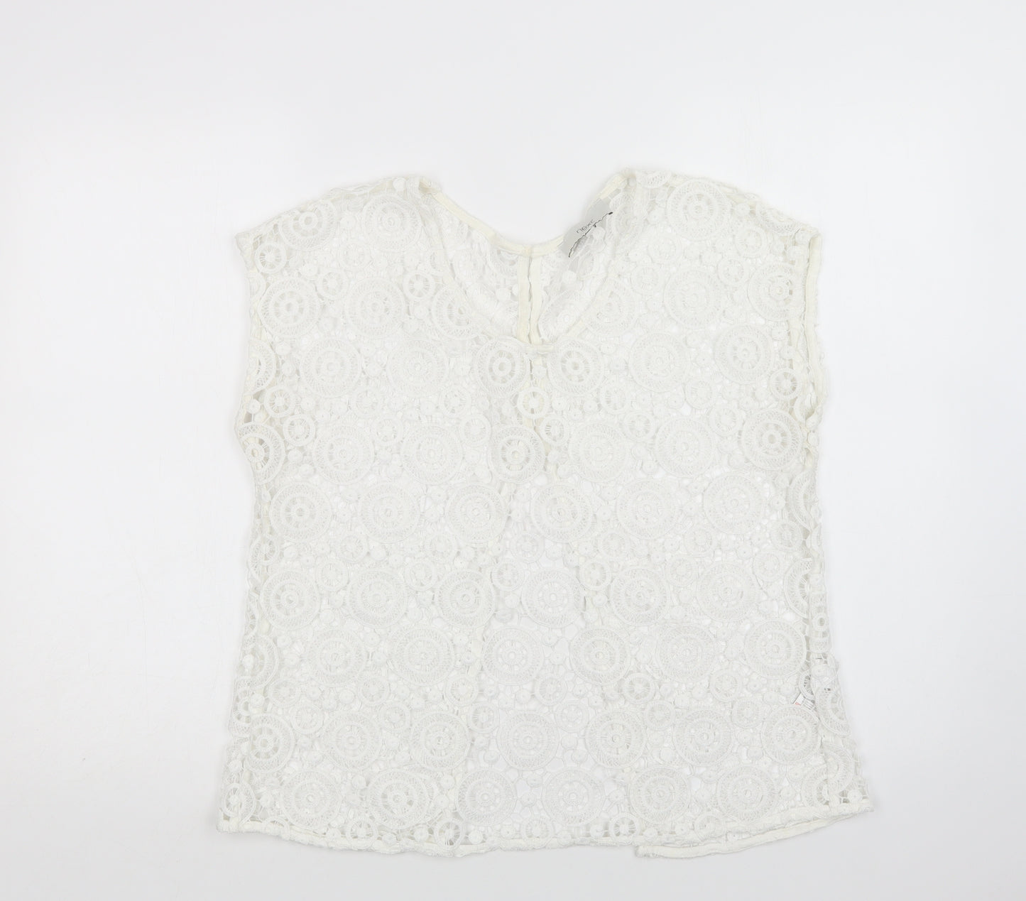 NEXT Womens White Geometric Polyester Basic Blouse Size 12 Crew Neck
