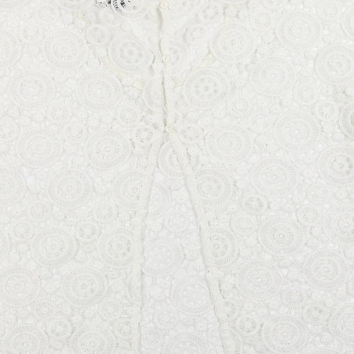 NEXT Womens White Geometric Polyester Basic Blouse Size 12 Crew Neck