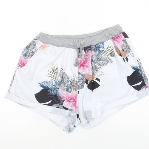 Preworn Womens White Floral Polyester Bermuda Shorts Size L L4 in Regular Drawstring