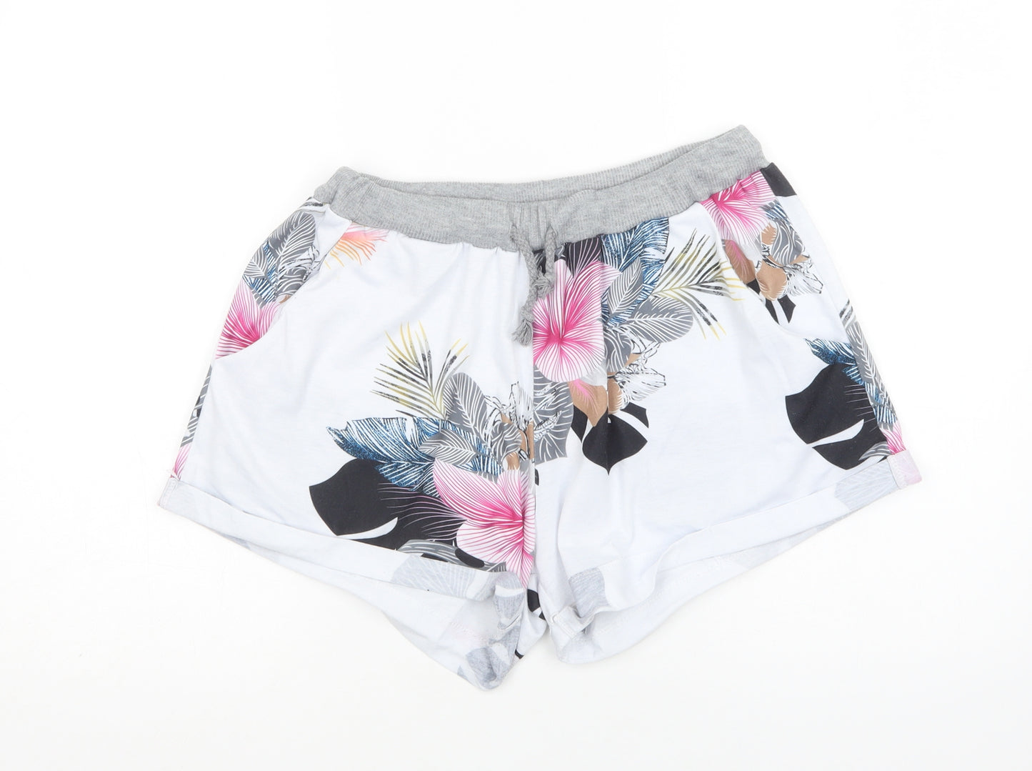 Preworn Womens White Floral Polyester Bermuda Shorts Size L L4 in Regular Drawstring
