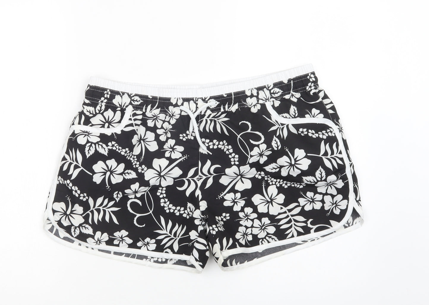 Preworn Womens Black Floral Cotton Bermuda Shorts Size L L4 in Regular Drawstring