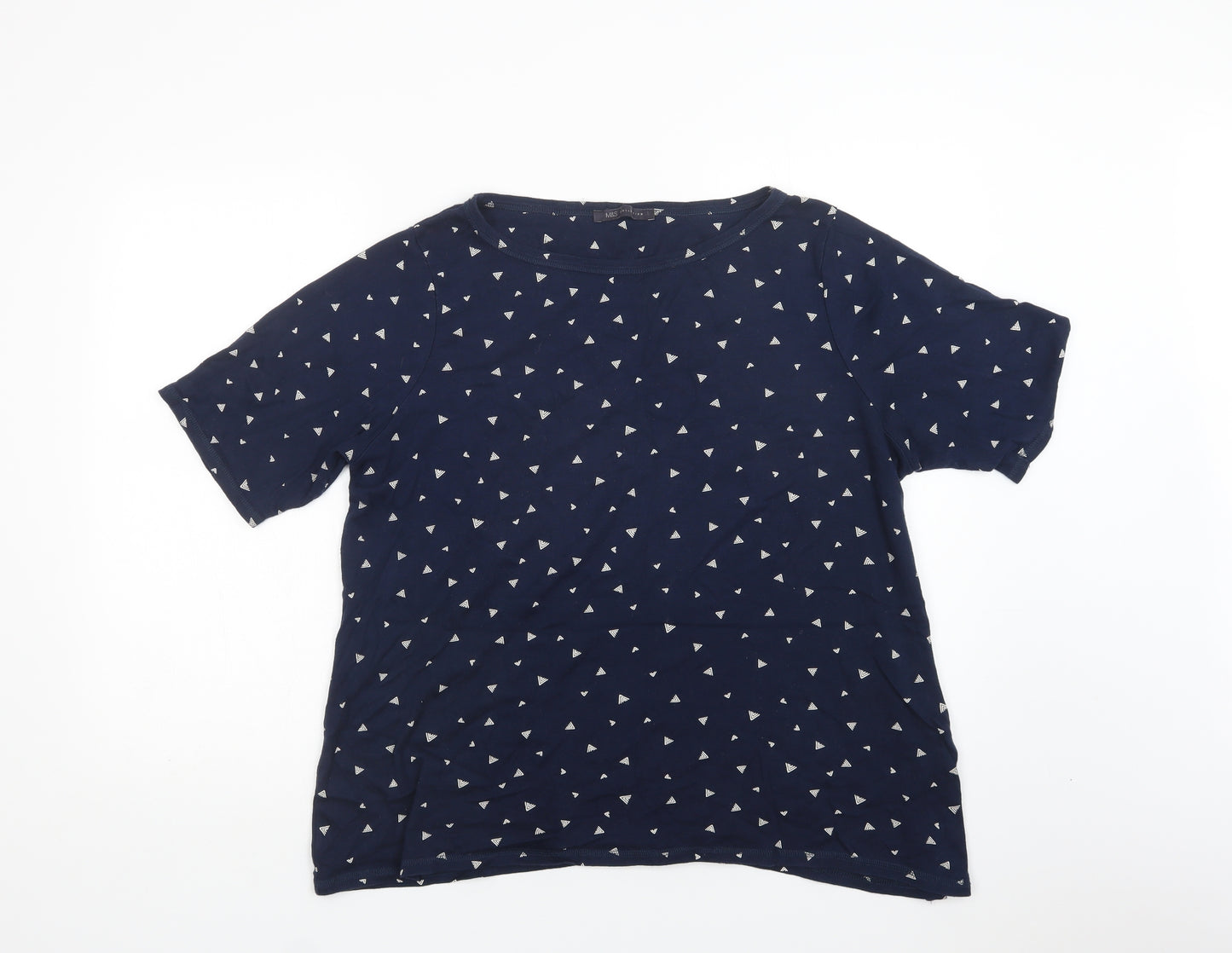 M&S Womens Blue Geometric Cotton Basic T-Shirt Size 22 Crew Neck