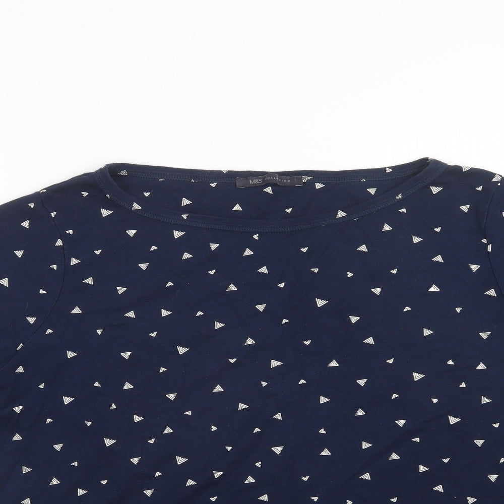 M&S Womens Blue Geometric Cotton Basic T-Shirt Size 22 Crew Neck