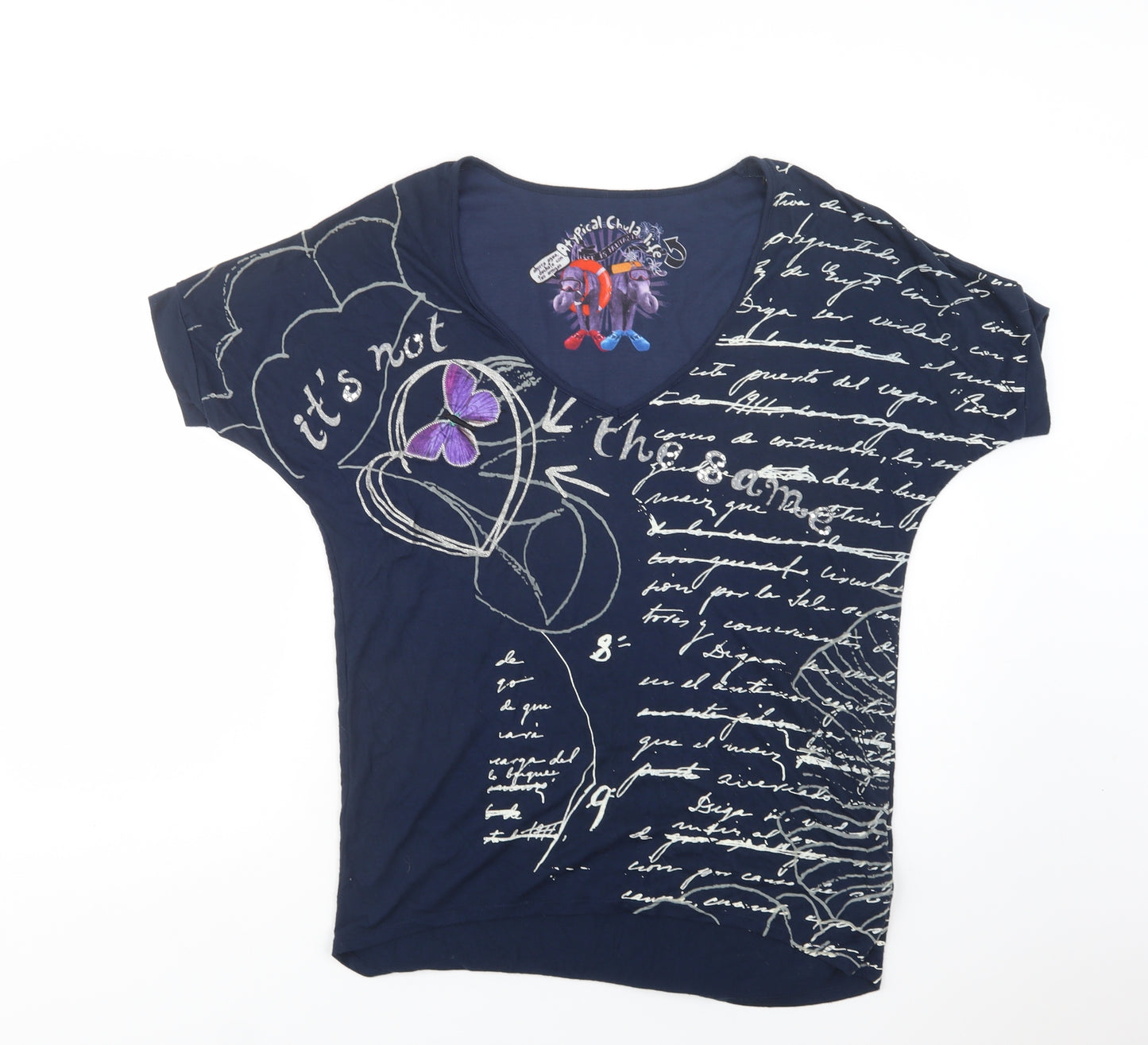 Desigual Womens Blue Geometric Viscose Basic T-Shirt Size L V-Neck