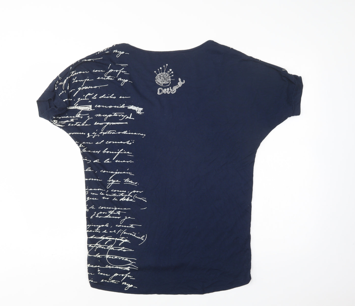 Desigual Womens Blue Geometric Viscose Basic T-Shirt Size L V-Neck