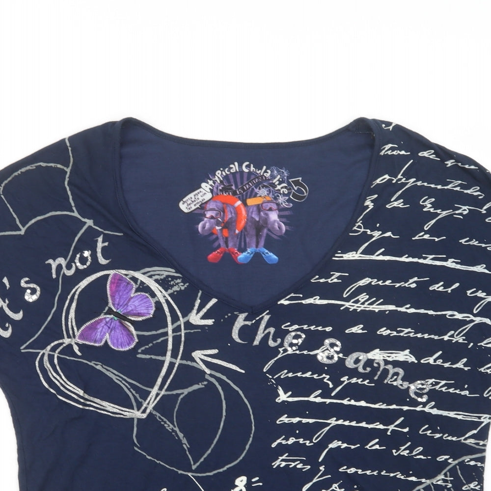 Desigual Womens Blue Geometric Viscose Basic T-Shirt Size L V-Neck