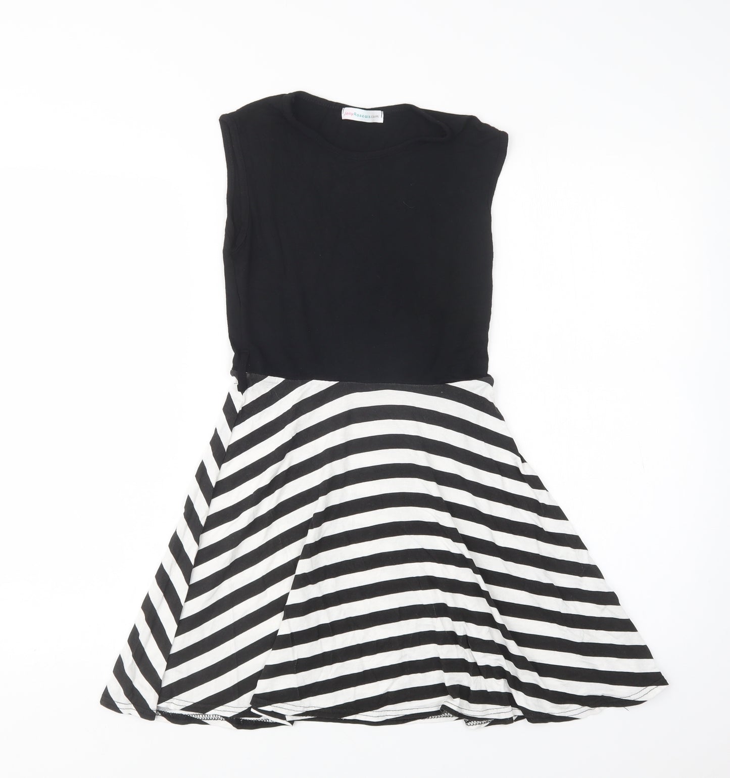 Jolly Rascals Girls Black Striped Viscose Fit & Flare  Size 9-10 Years  Crew Neck