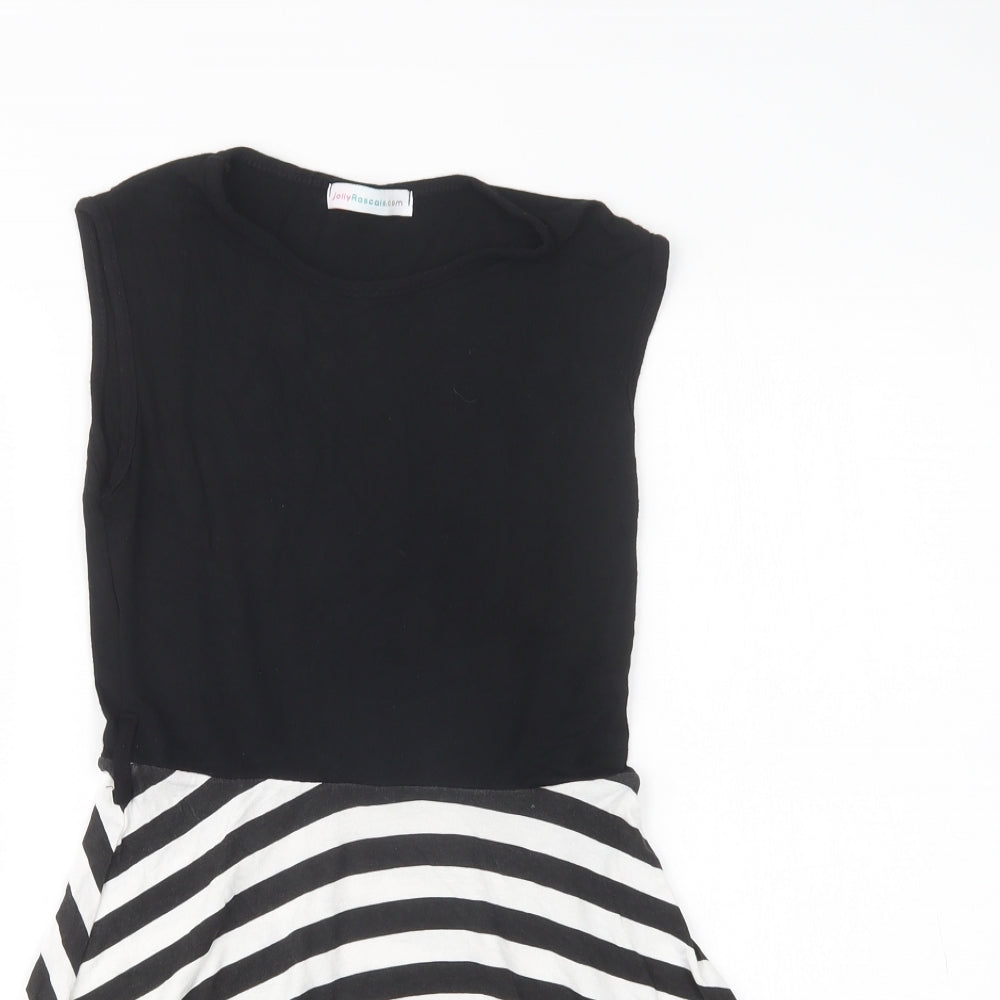 Jolly Rascals Girls Black Striped Viscose Fit & Flare  Size 9-10 Years  Crew Neck