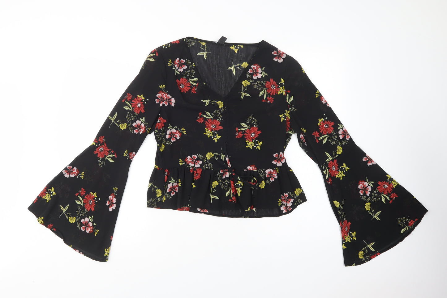 New Look Womens Black Floral Polyester Basic Blouse Size 10 V-Neck