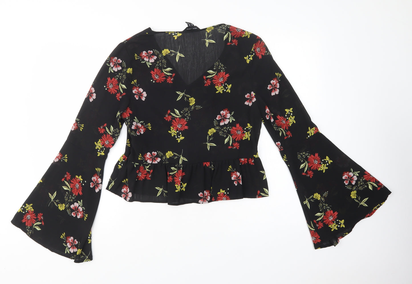 New Look Womens Black Floral Polyester Basic Blouse Size 10 V-Neck