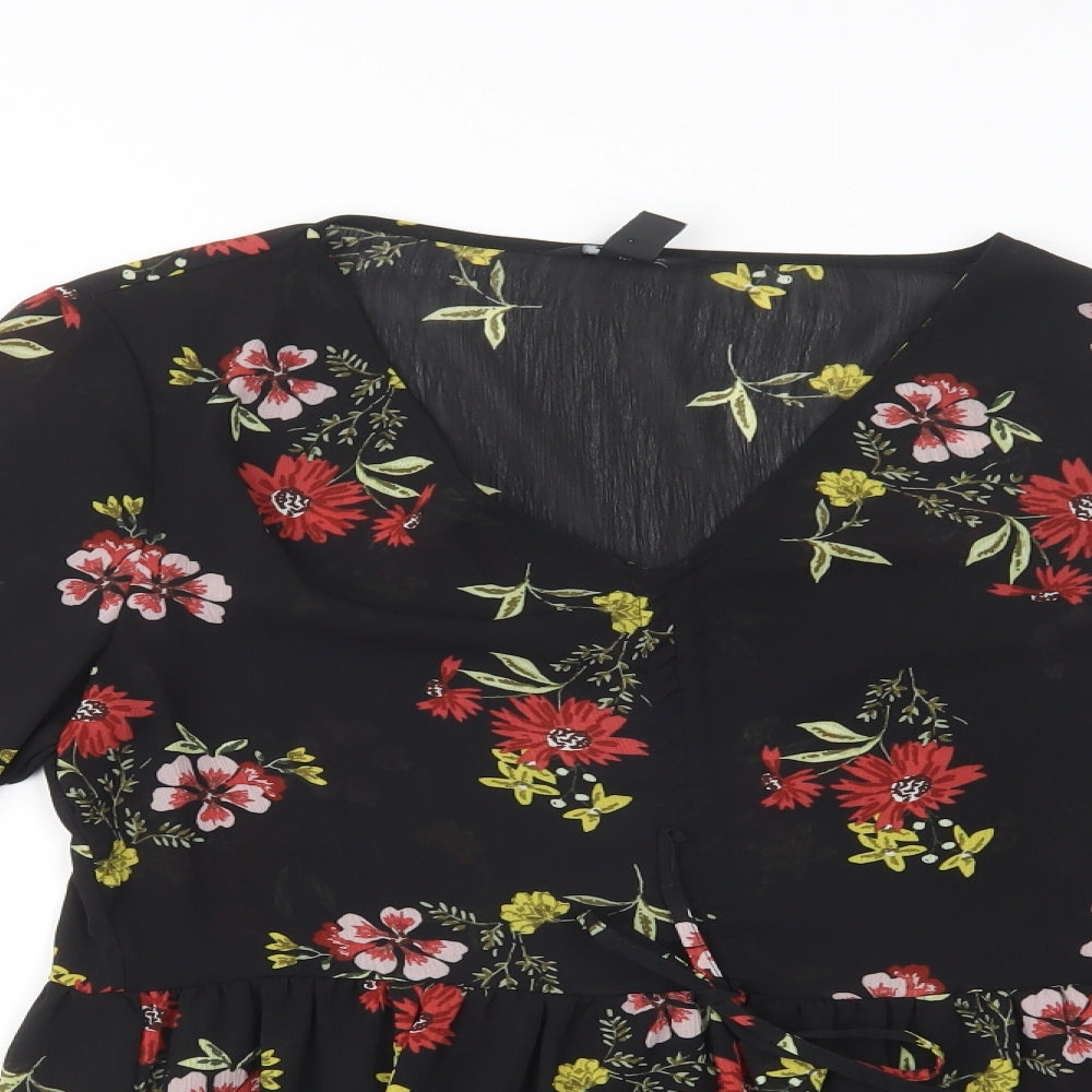 New Look Womens Black Floral Polyester Basic Blouse Size 10 V-Neck