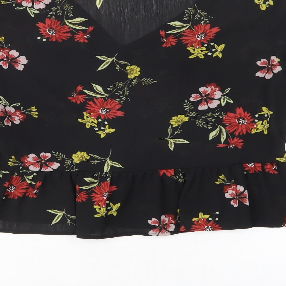 New Look Womens Black Floral Polyester Basic Blouse Size 10 V-Neck