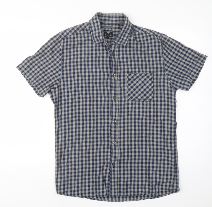 Matalan Mens Blue Check Cotton  Button-Up Size S Collared Button