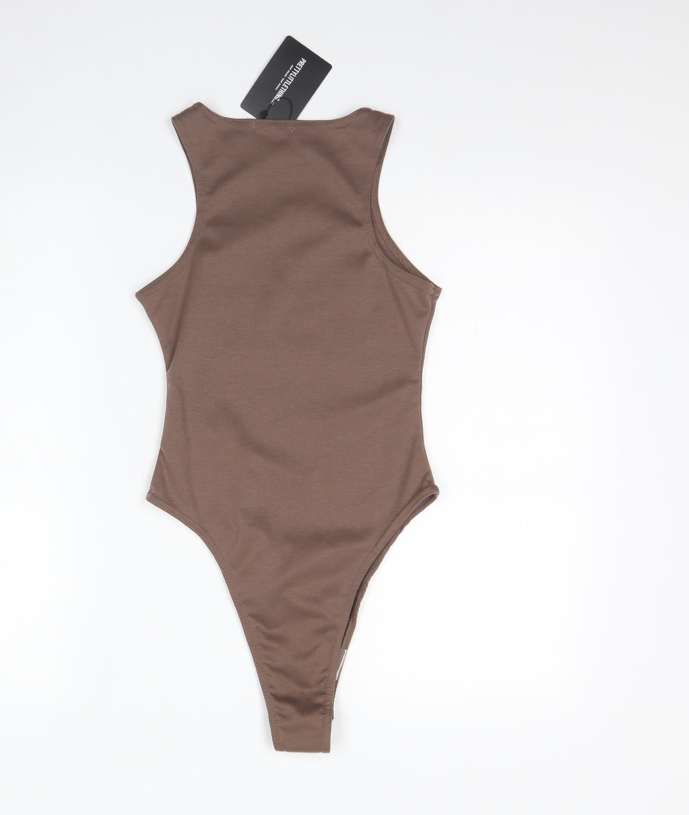 PRETTYLITTLETHING Womens Brown  Polyester Bodysuit One-Piece Size 6  Button