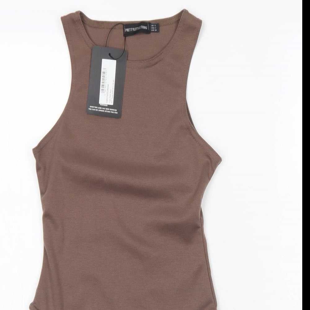 PRETTYLITTLETHING Womens Brown  Polyester Bodysuit One-Piece Size 6  Button