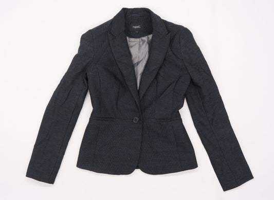Front view of NEXT women’s blue polyester jacket suit jacket, size UK 6