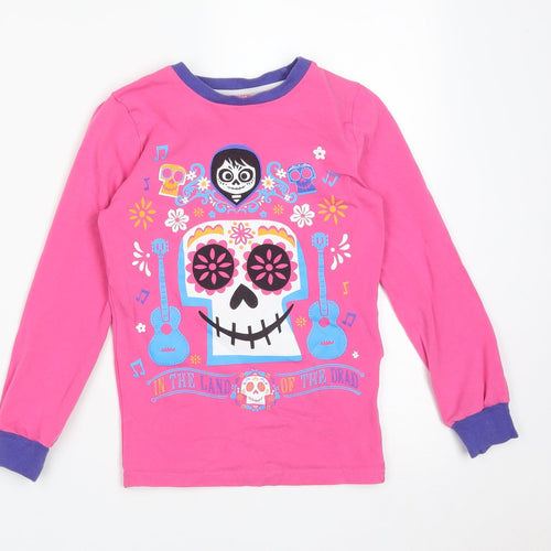 DISNEY  Girls Pink Floral Cotton Basic T-Shirt Size 9-10 Years Round Neck  - DISNEY IN THE LAND OF THE DEAD