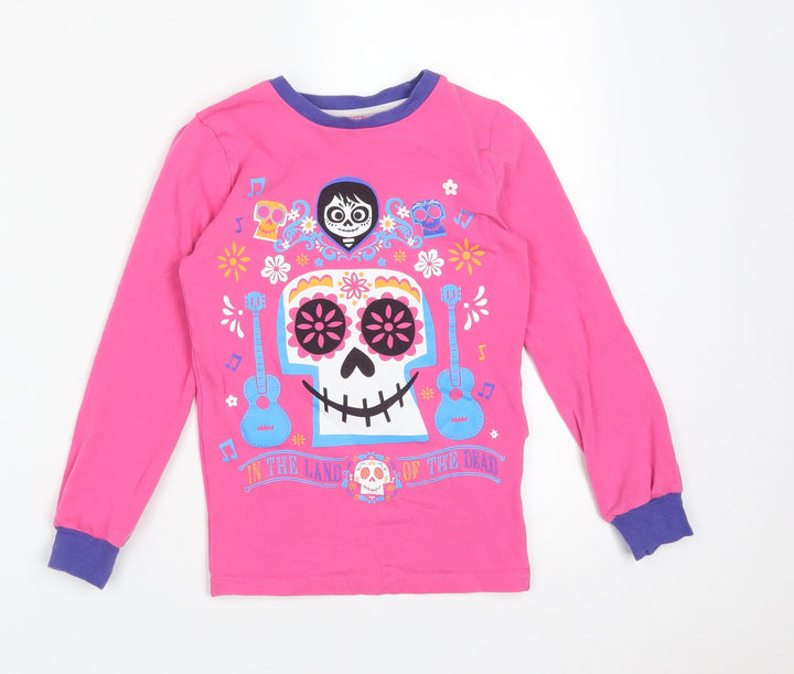 DISNEY Girls Pink Floral Cotton Basic T-Shirt Size 9-10 Years Round Neck - DISNEY IN THE LAND OF THE DEAD