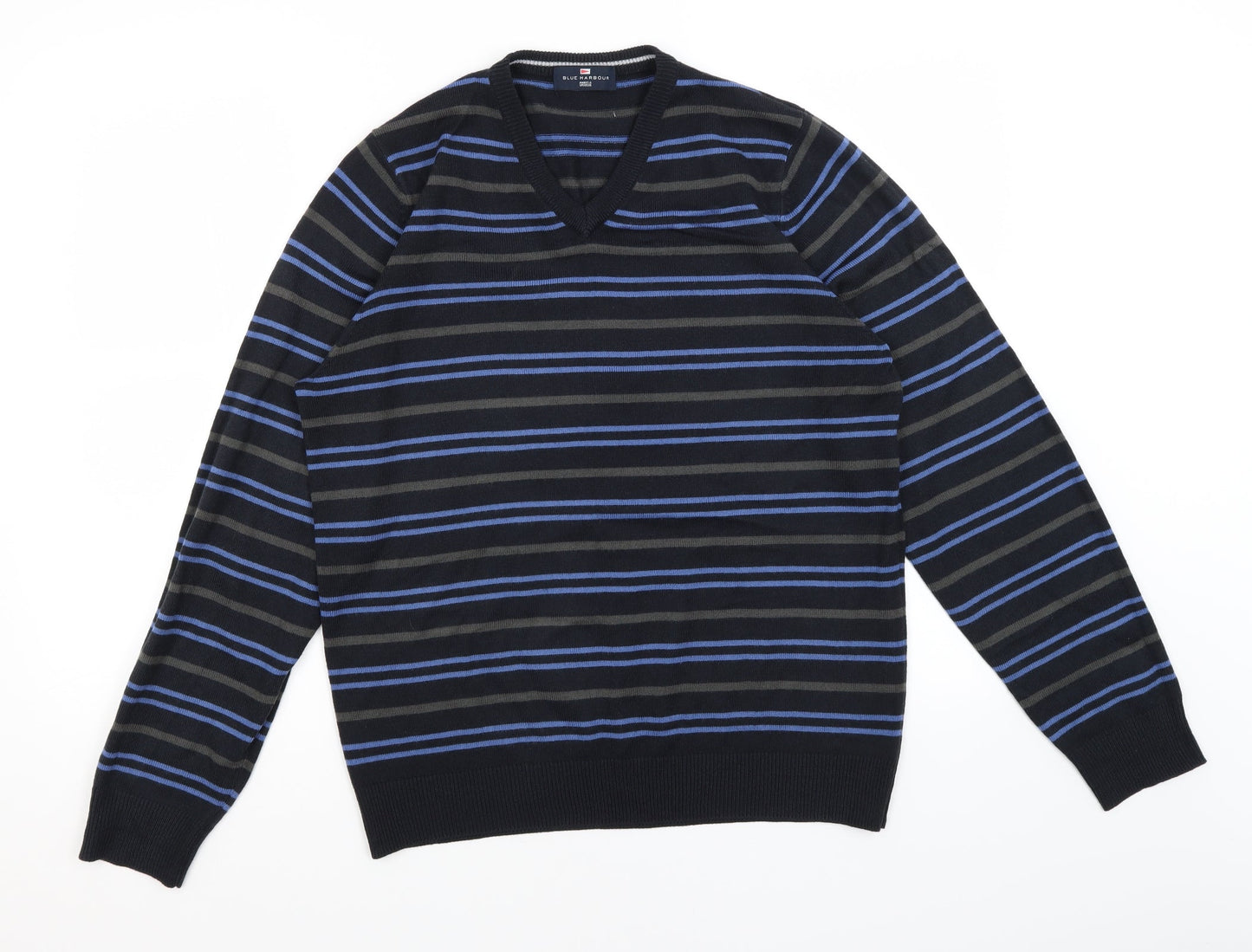 Blue Harbour Mens Black V-Neck Striped Acrylic Pullover Jumper Size S
