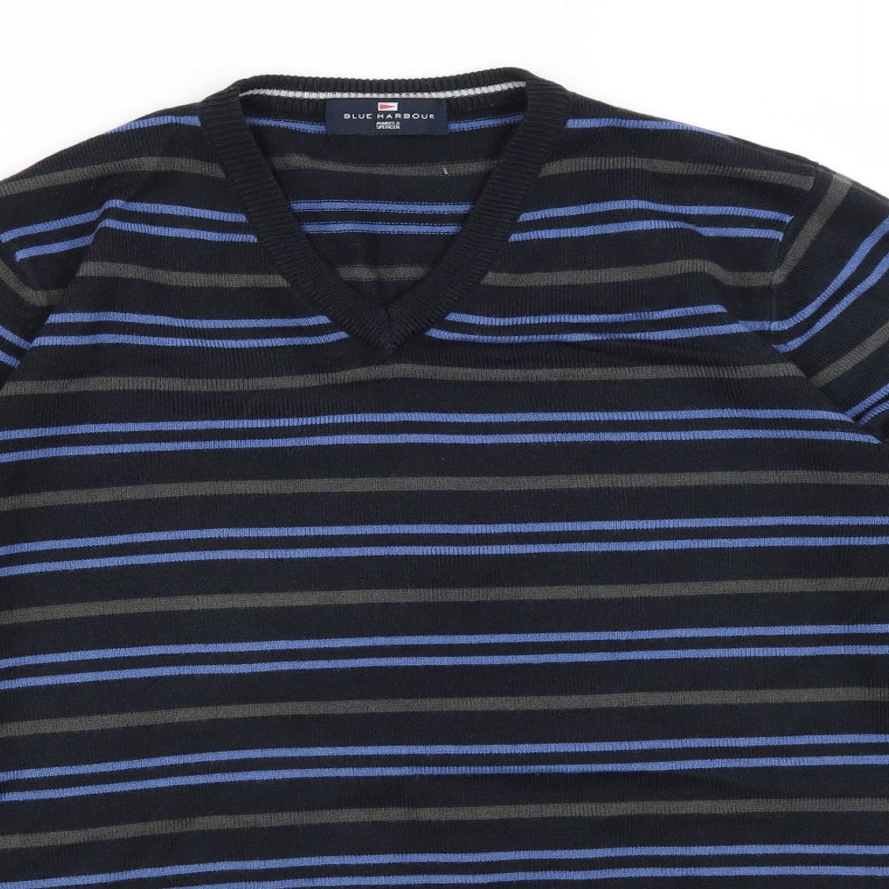 Blue Harbour Mens Black V-Neck Striped Acrylic Pullover Jumper Size S