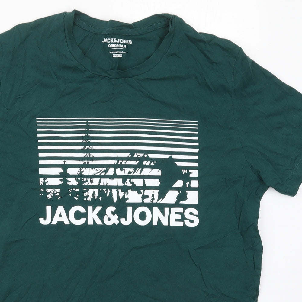 JACK & JONES Mens Green  Cotton  T-Shirt Size M Crew Neck