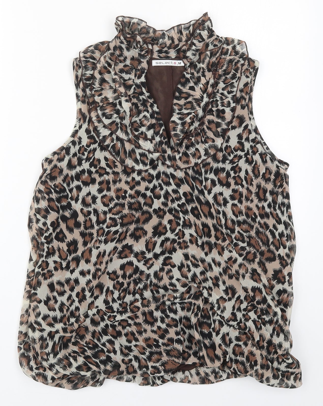 Select Womens Brown Animal Print Polyester Basic Blouse Size 12 V-Neck